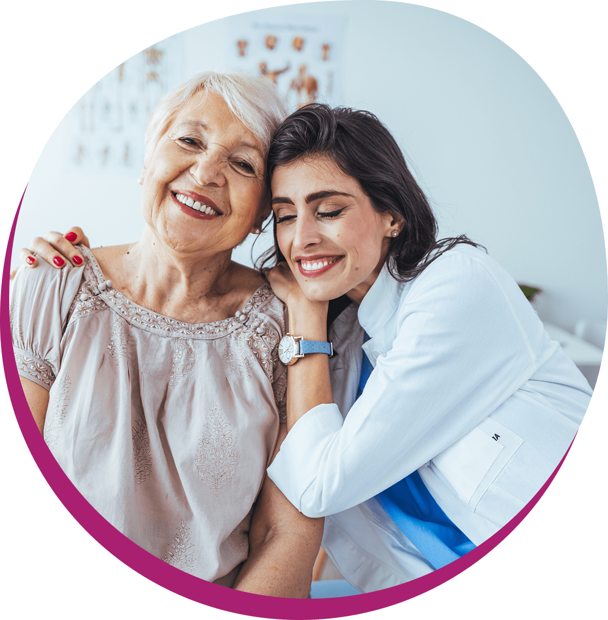Doctor hugging a smiling elderly woman.