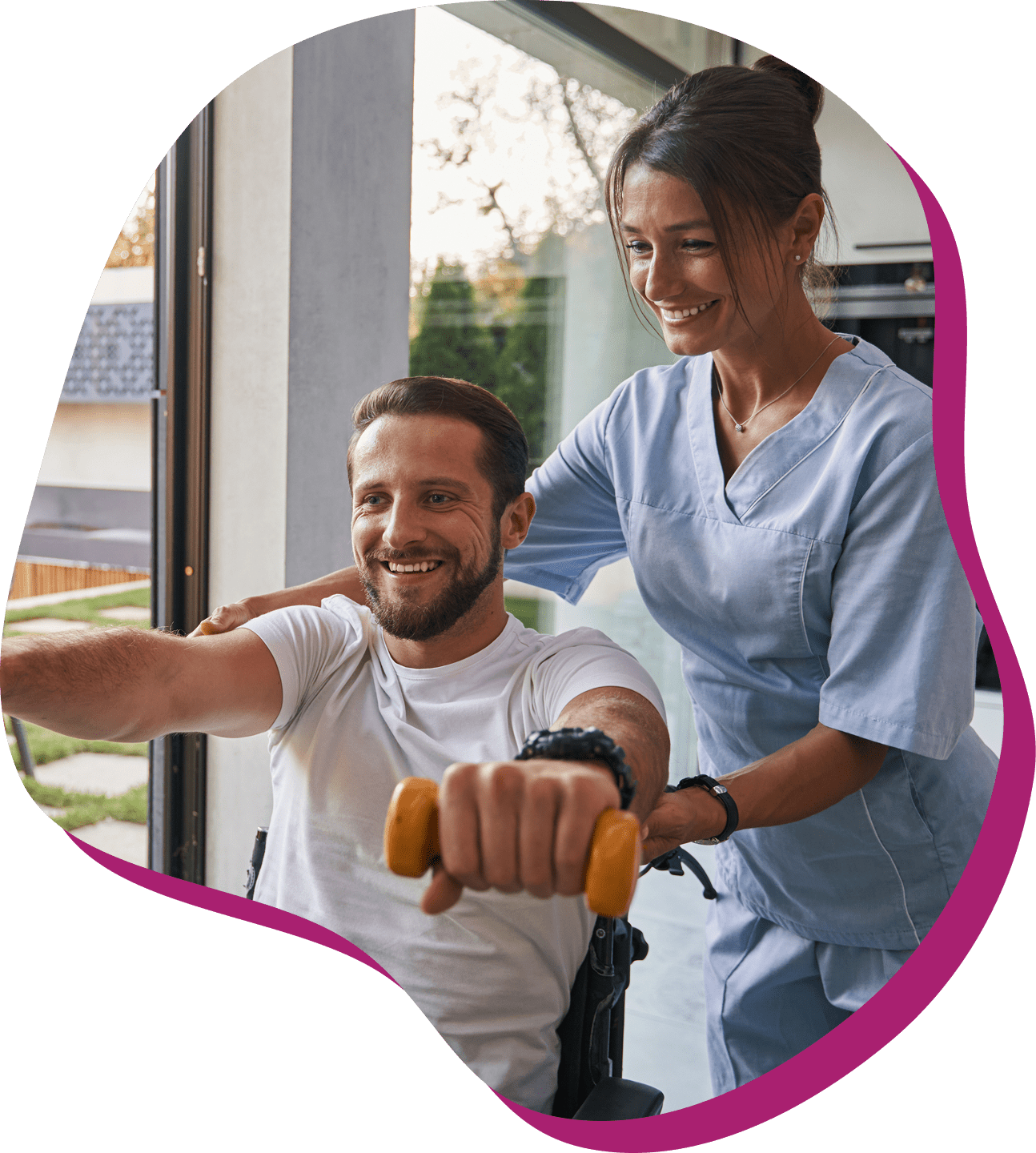 Man exercising with assistance from a caregiver.