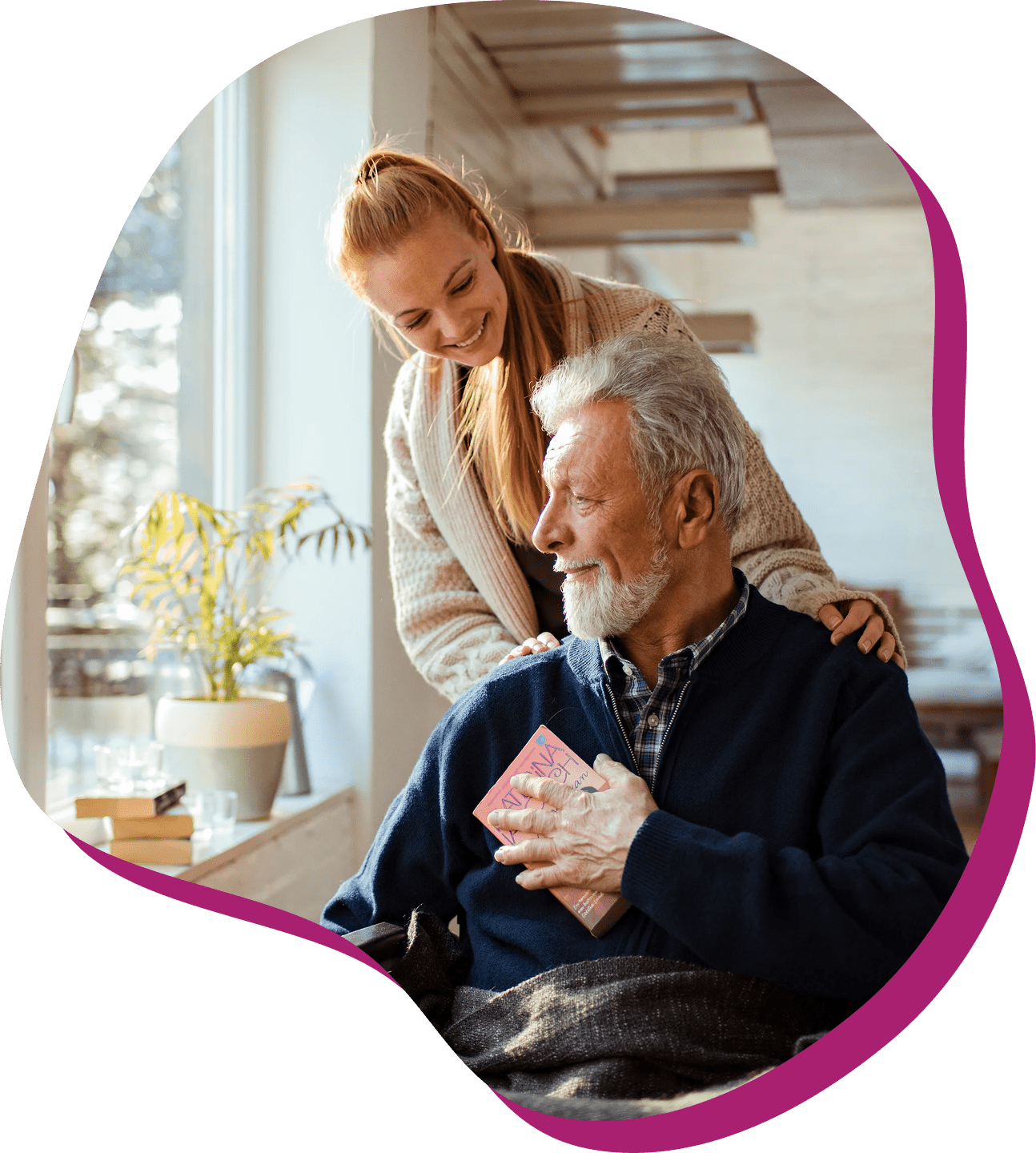 Woman and elderly man sharing a moment.